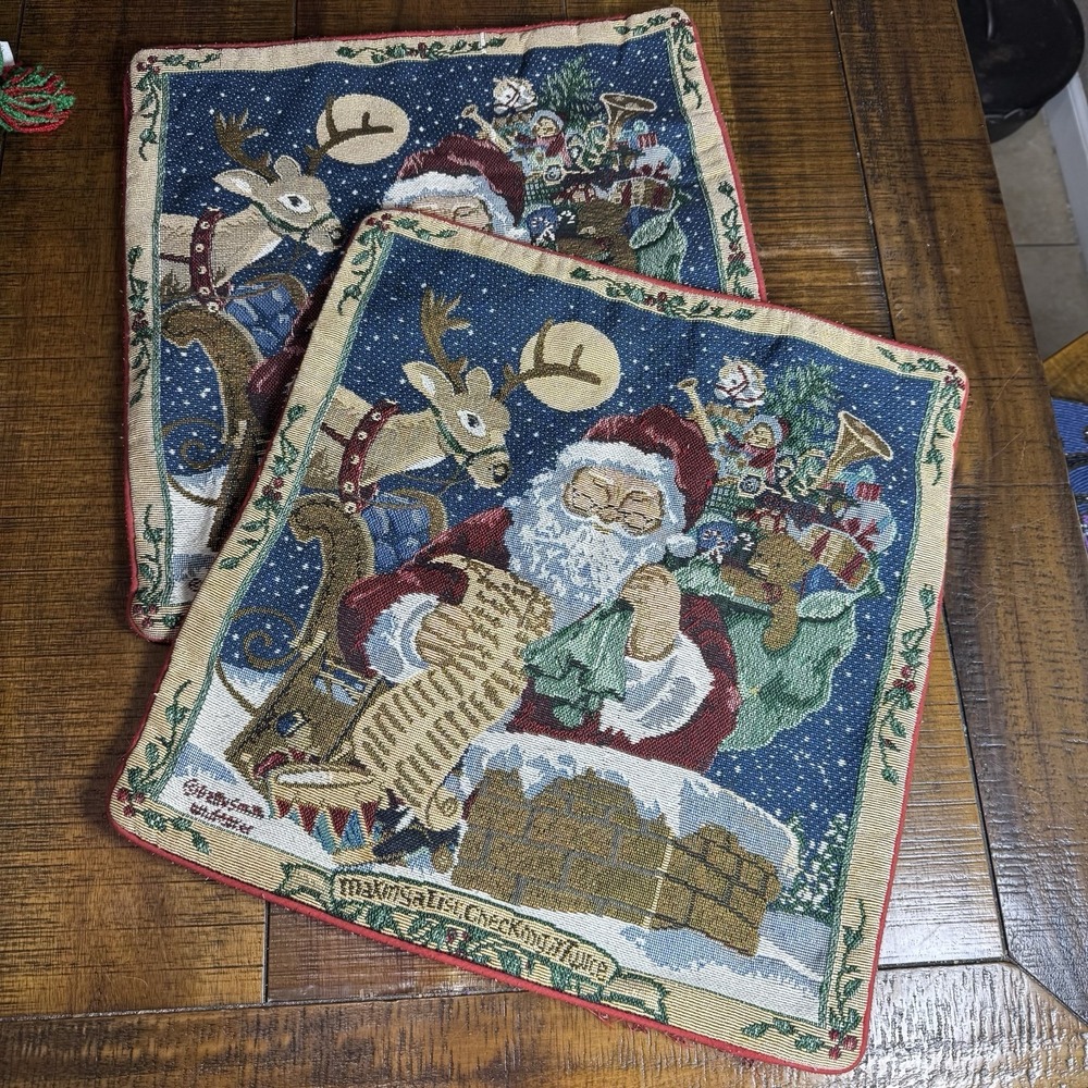 Vtg Set Of 2 Betty Smith Whiteaker Santa Christmas Tapestry Pillow Covers 15"